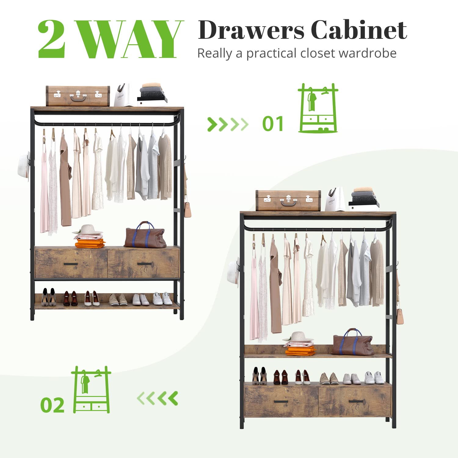 Display showcasing two layout configurations for the closet organizer: drawers positioned at the bottom or in the middle for versatile storage needs.