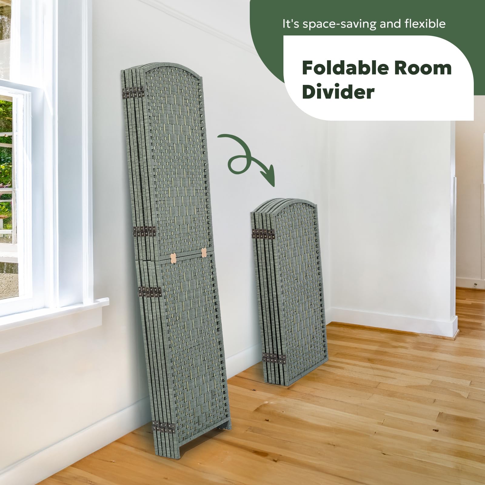 Graphic showing the green room divider's foldable design with open, half-open, and closed positions, emphasizing its easy-to-use and space-saving features.