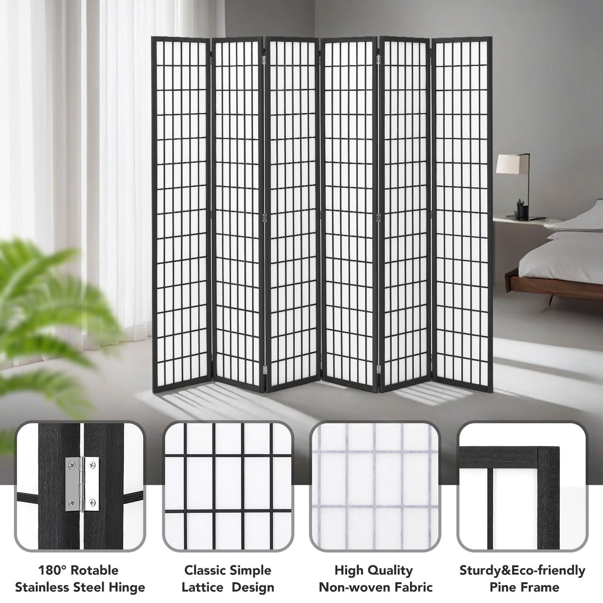 JOSTYLE Japanese Room Divider - Black (6-Panel)