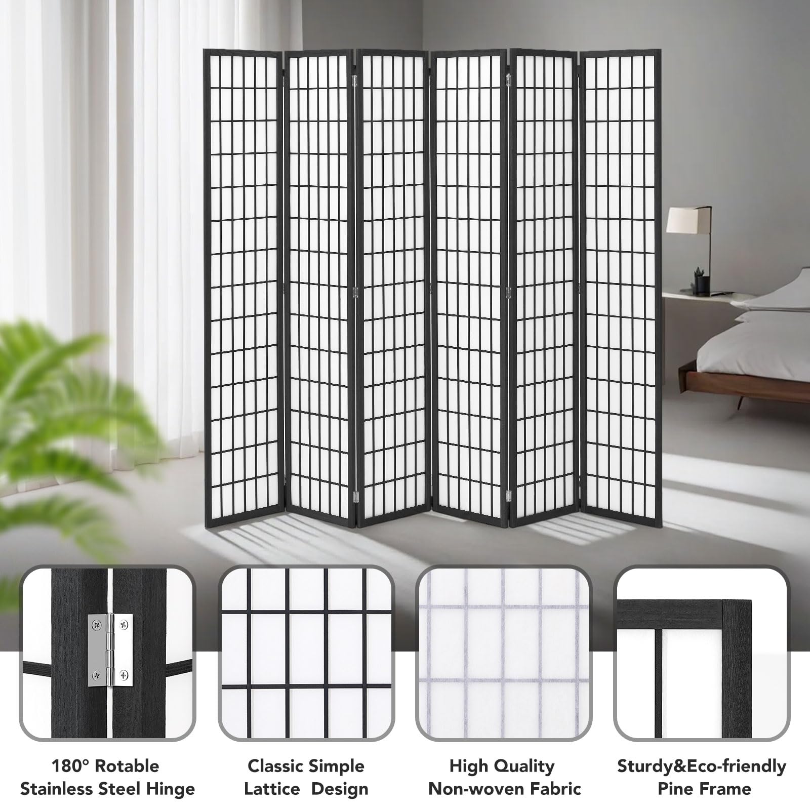 JOSTYLE Japanese Room Divider - Black (6-Panel)