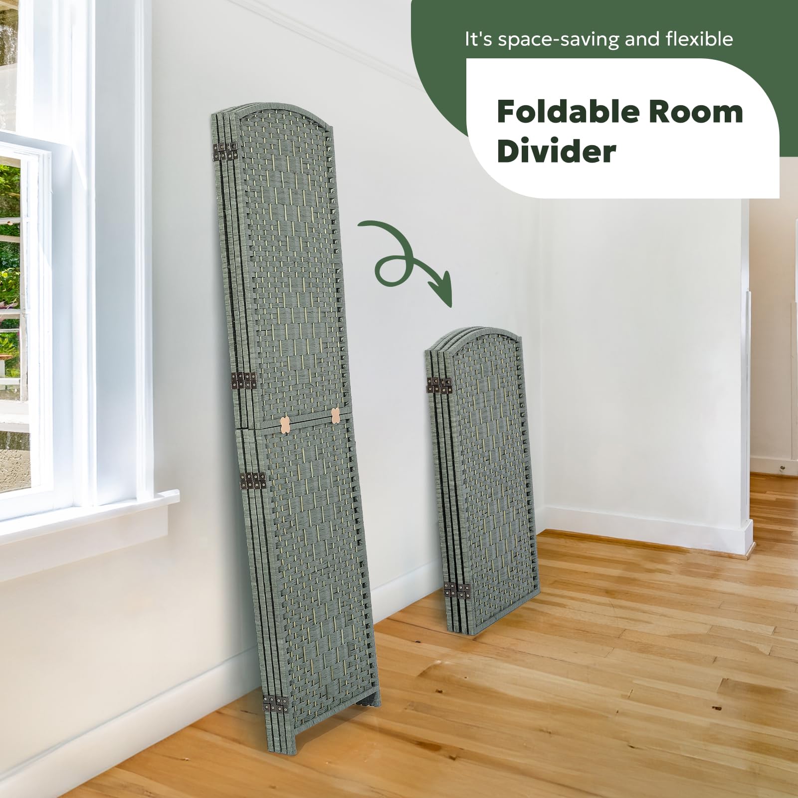 Close-up of the green bamboo and wood woven texture of the room divider, with circular insets highlighting the natural craftsmanship and unpainted finish, eco-friendly for worry-free use.