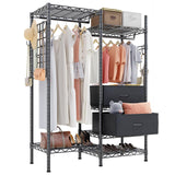 Compact closet rack with two hanging sections and bottom shelves, ideal for small bedrooms or laundry rooms.