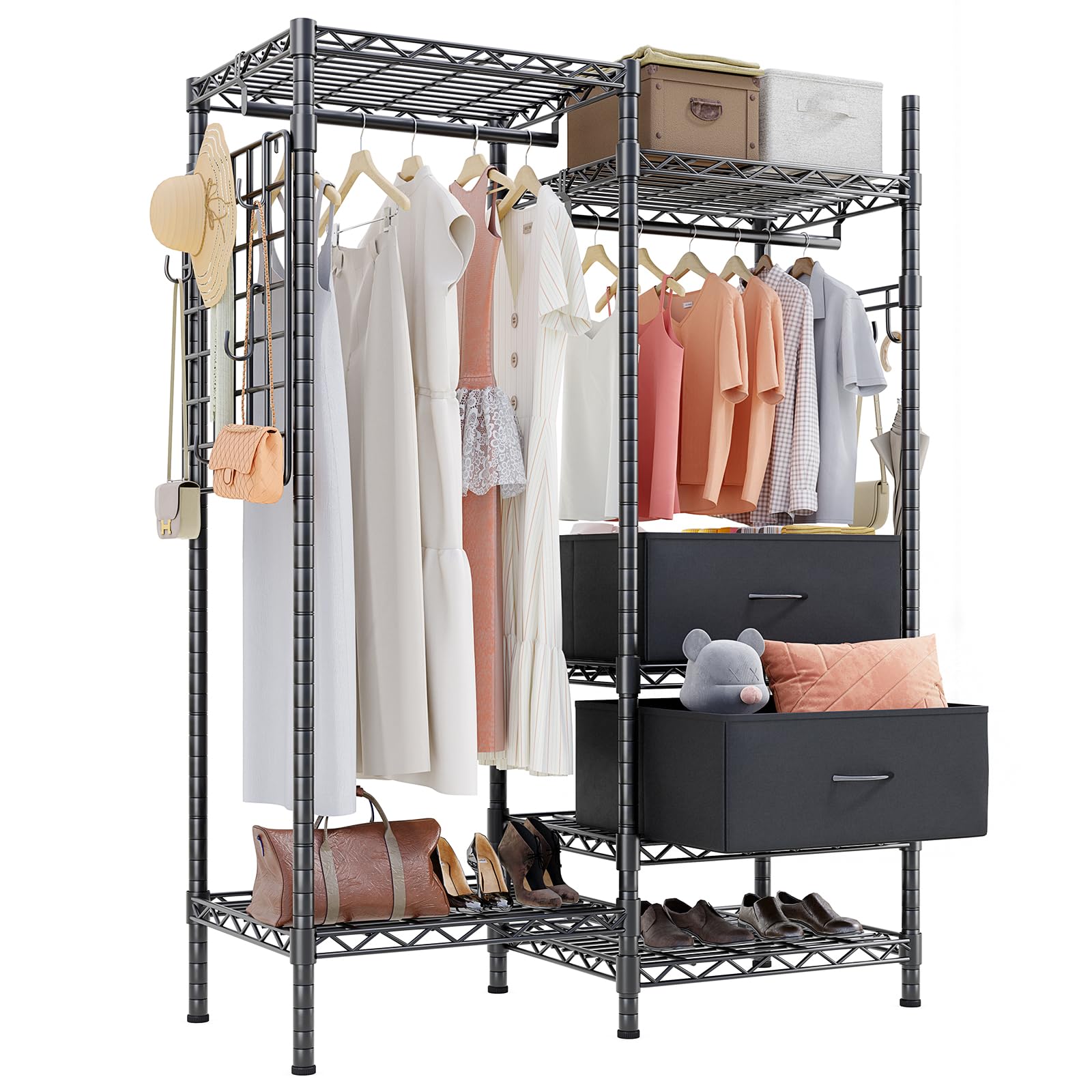 Compact closet rack with two hanging sections and bottom shelves, ideal for small bedrooms or laundry rooms.