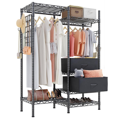 Compact closet rack with two hanging sections and bottom shelves, ideal for small bedrooms or laundry rooms.