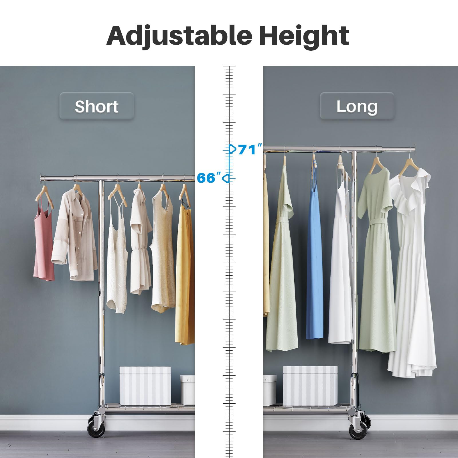 Adjustable-height design with visual comparison between short and long garments, offering customizable storage between 66" to 71".