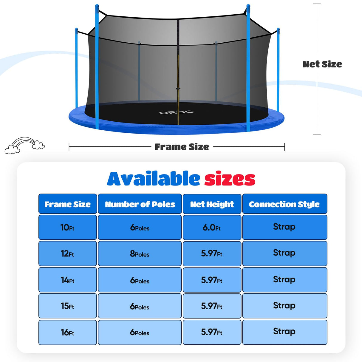 ORCC Kids Trampoline Net for 10-16FT Trampoline