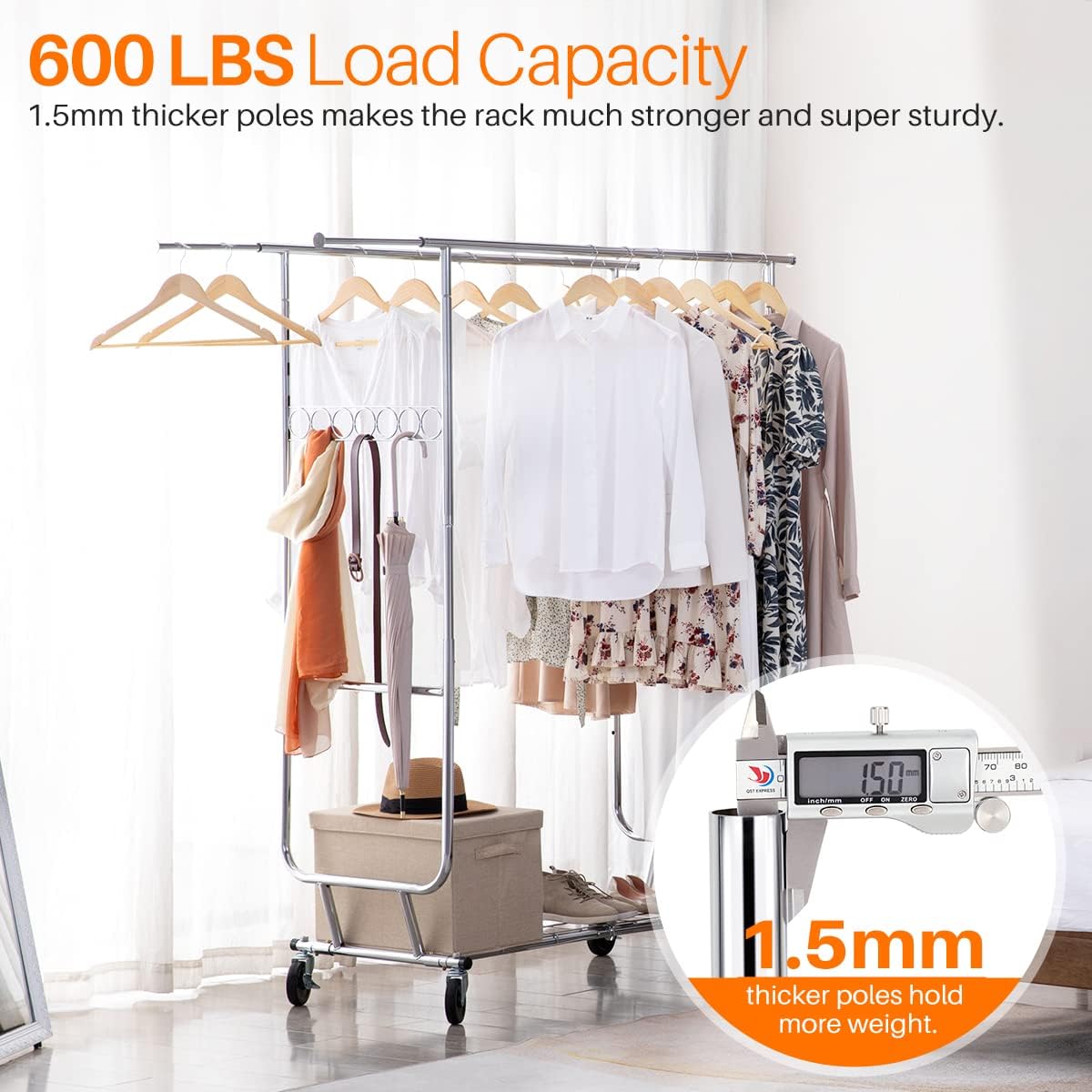 The rack holding a large number of clothes, emphasizing its 600lbs load capacity supported by 1.5mm thick metal poles for enhanced sturdiness.