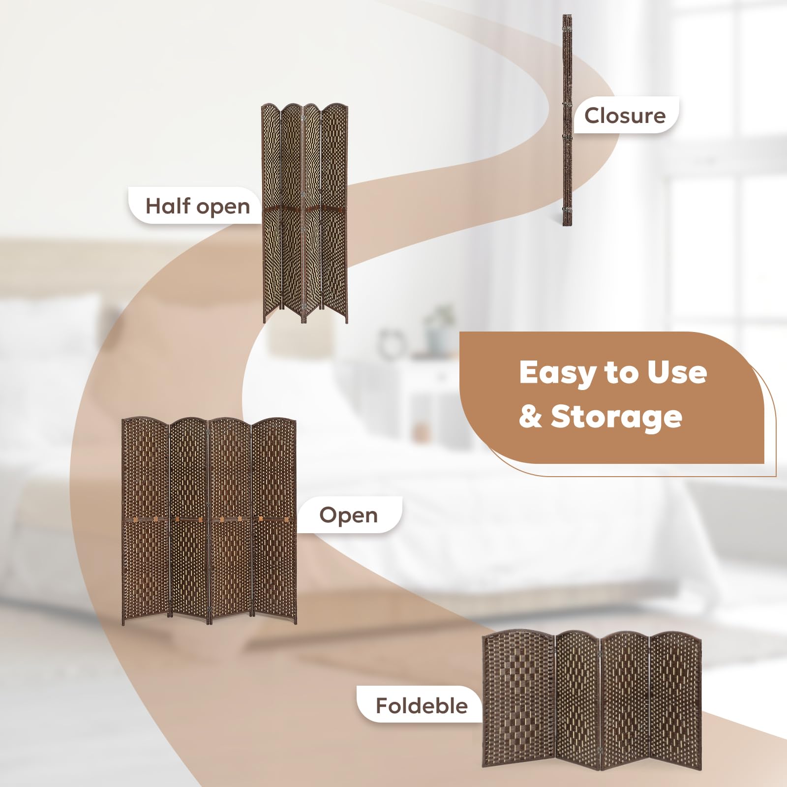 Graphic showing the room divider's foldable design with open, half-open, and closed positions, emphasizing its easy-to-use and space-saving features.