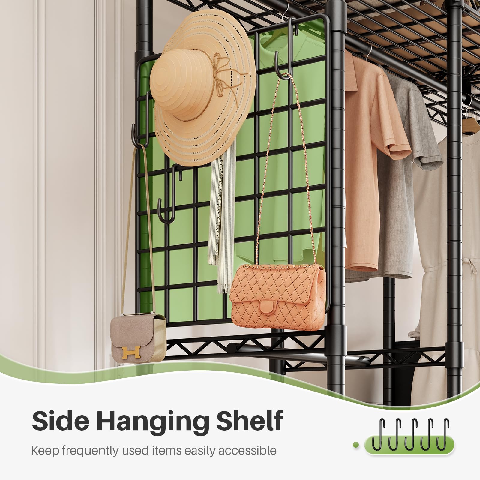Side hanging shelf with close-up of hooks for holding hats and bags, emphasizing convenience and accessibility.