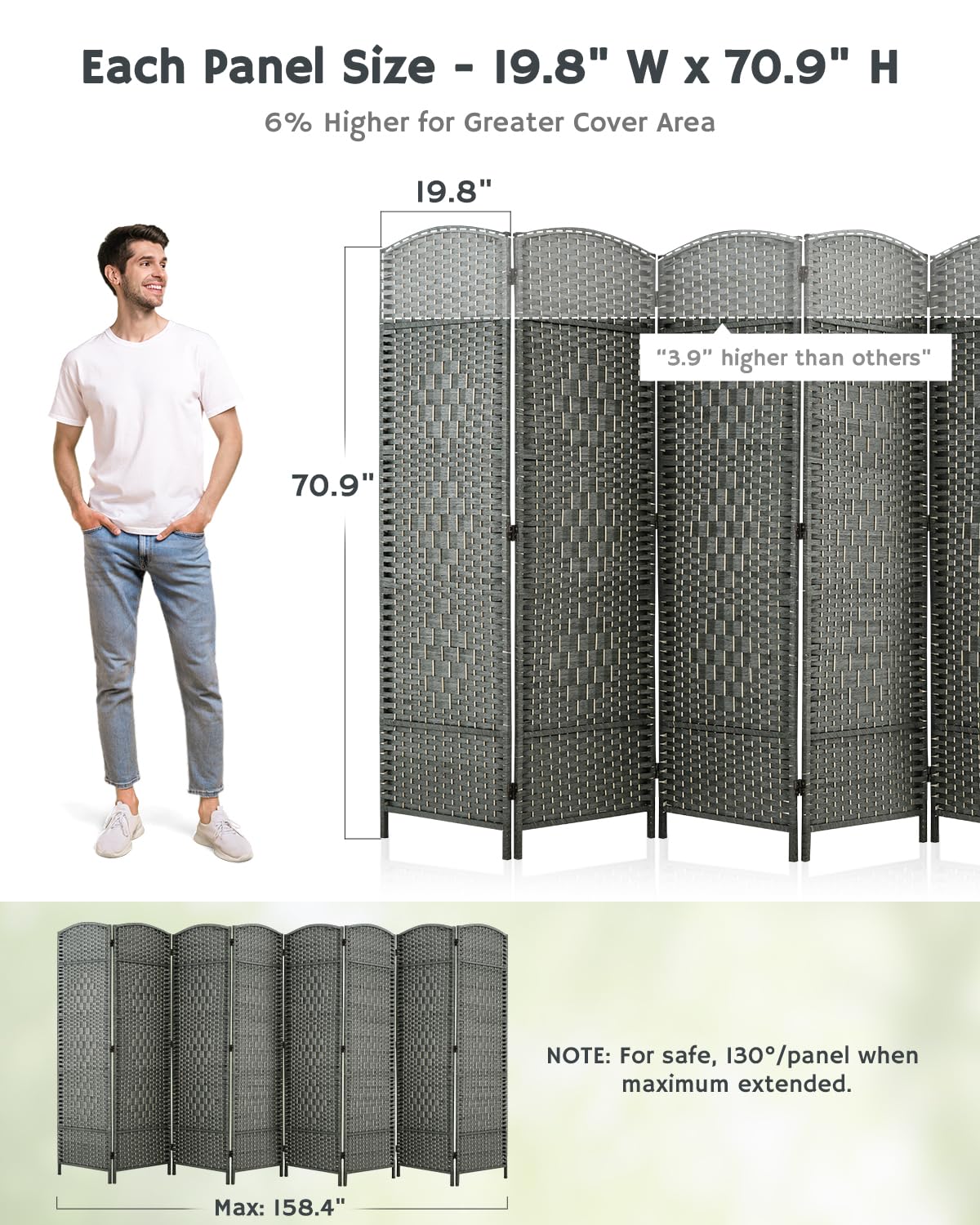 8-panel divider dimensions: 70.9" H x 158.4" W fully extended, with a safety angle of 130° per panel, ensuring both stability and flexibility.