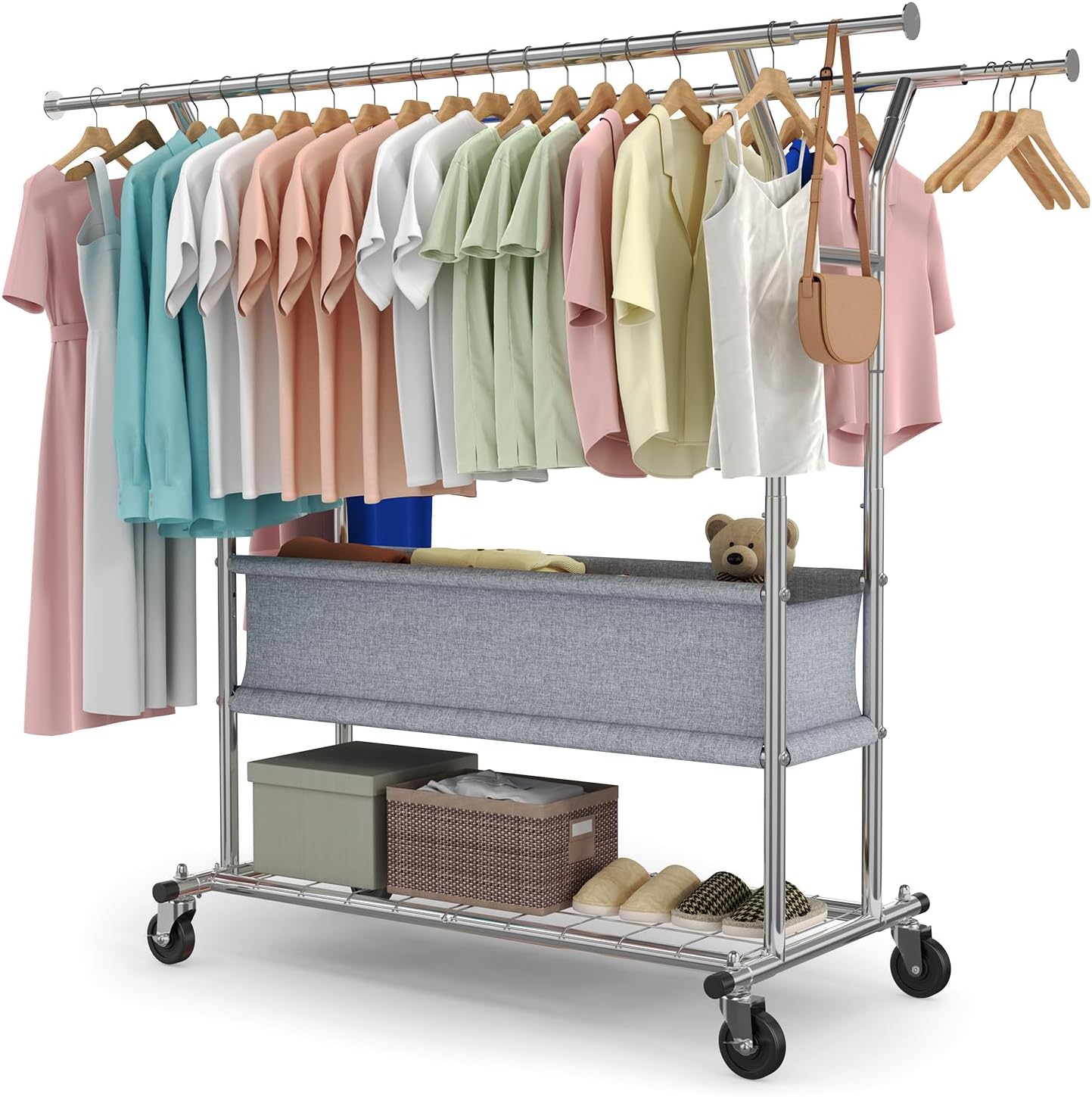 Heavy-duty double rod clothes rack holding multiple garments, featuring a fabric storage basket and a bottom shelf for extra storage, with smooth-rolling wheels.