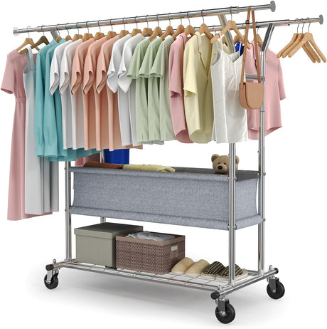 Heavy-duty double rod clothes rack holding multiple garments, featuring a fabric storage basket and a bottom shelf for extra storage, with smooth-rolling wheels.