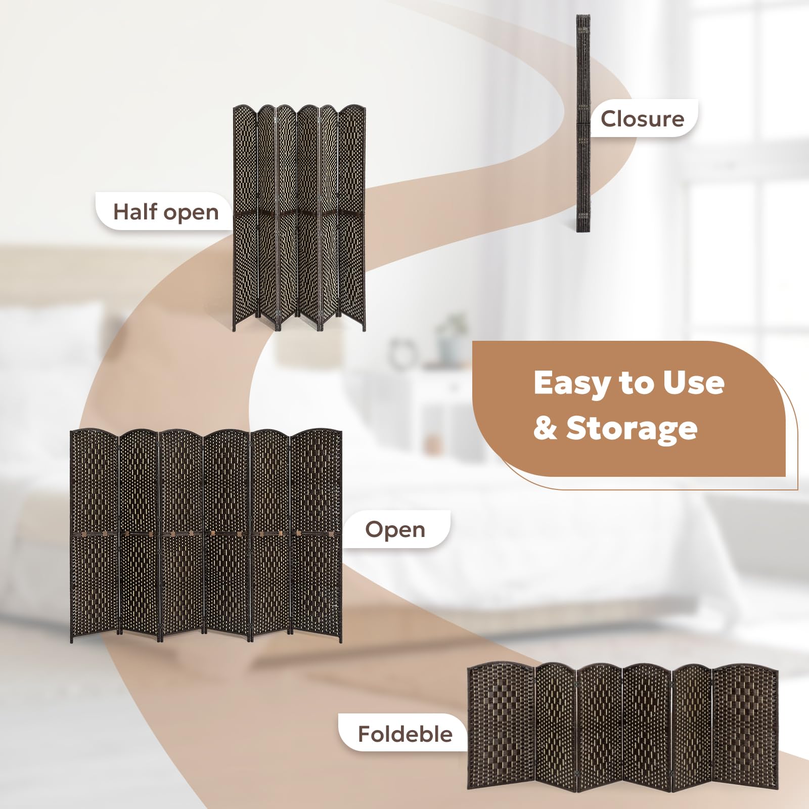 Features of the espresso room divider including metal connectors, rotatable stainless steel hinges, solid wood frame, and hand-crafted woven panels for durable and stylish privacy solutions.