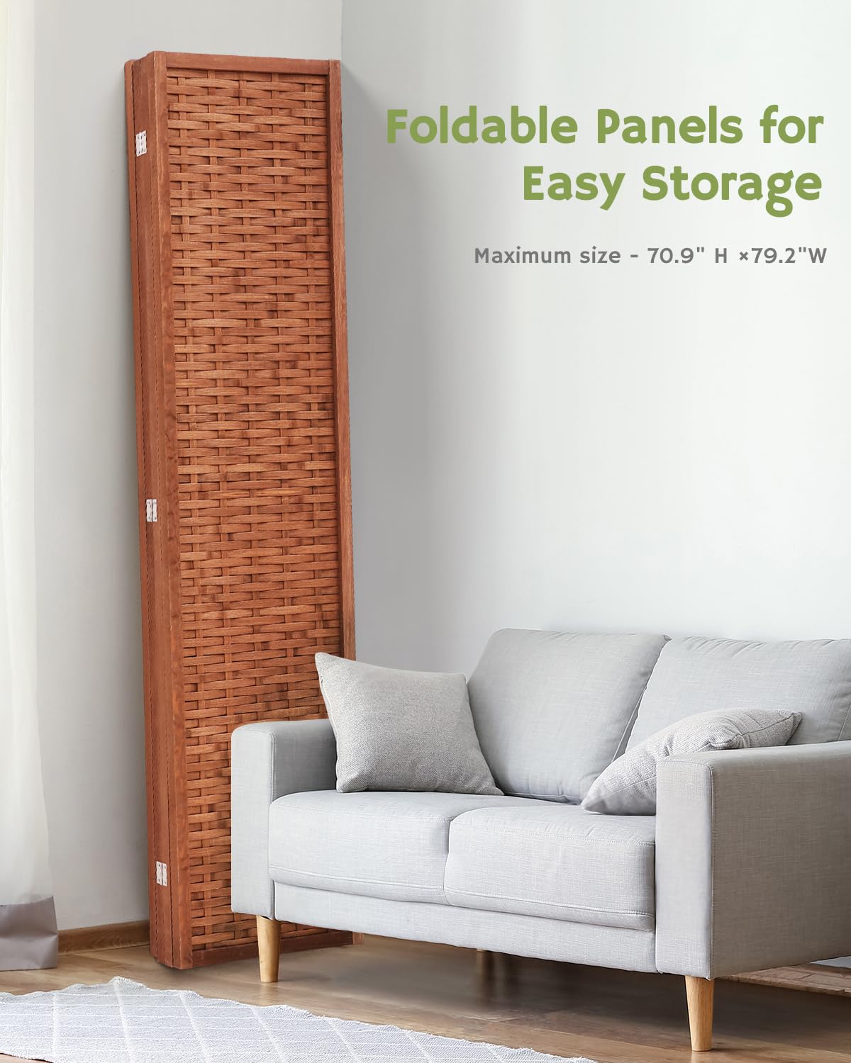 Foldable 4-panel saddle brown room divider stored compactly beside a gray sofa, showcasing its easy-to-store and space-saving design.