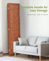 Foldable 4-panel saddle brown room divider stored compactly beside a gray sofa, showcasing its easy-to-store and space-saving design.