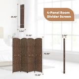 Detailed measurements of the 4-panel room divider, showing height, width, and depth, along with its compact folded form, displayed in a cozy bedroom setting.