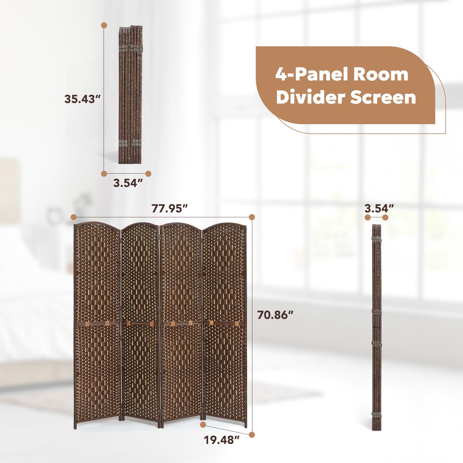 Detailed measurements of the 4-panel room divider, showing height, width, and depth, along with its compact folded form, displayed in a cozy bedroom setting.