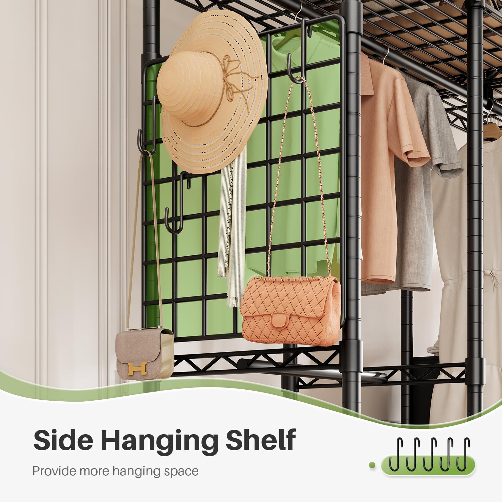 Side hanging shelf feature for hats, bags, and small accessories, perfect for decluttering and easy access to everyday essentials.