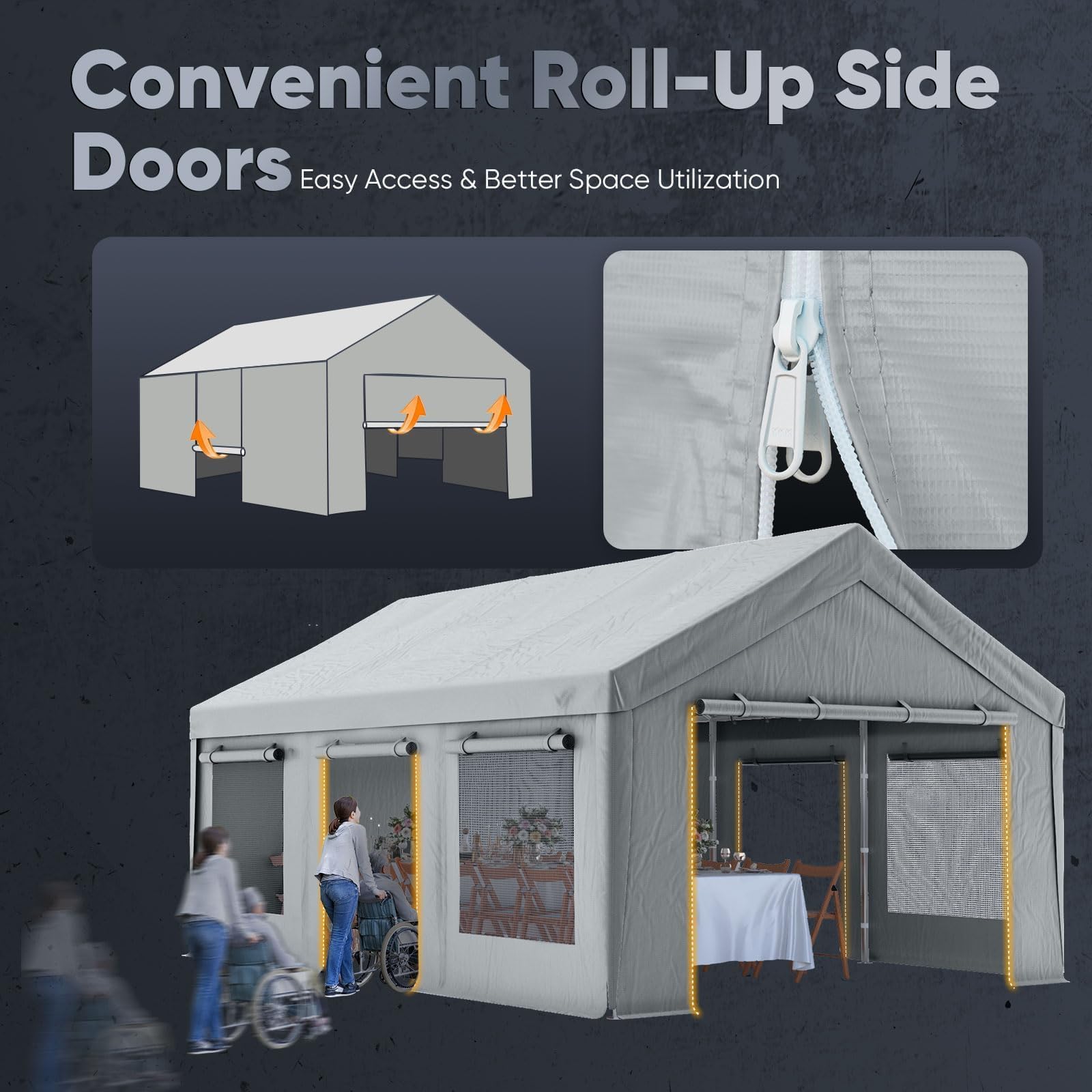 Quictent 10'x20' Snowproof Steel Carport with Zipper Doors - Gray