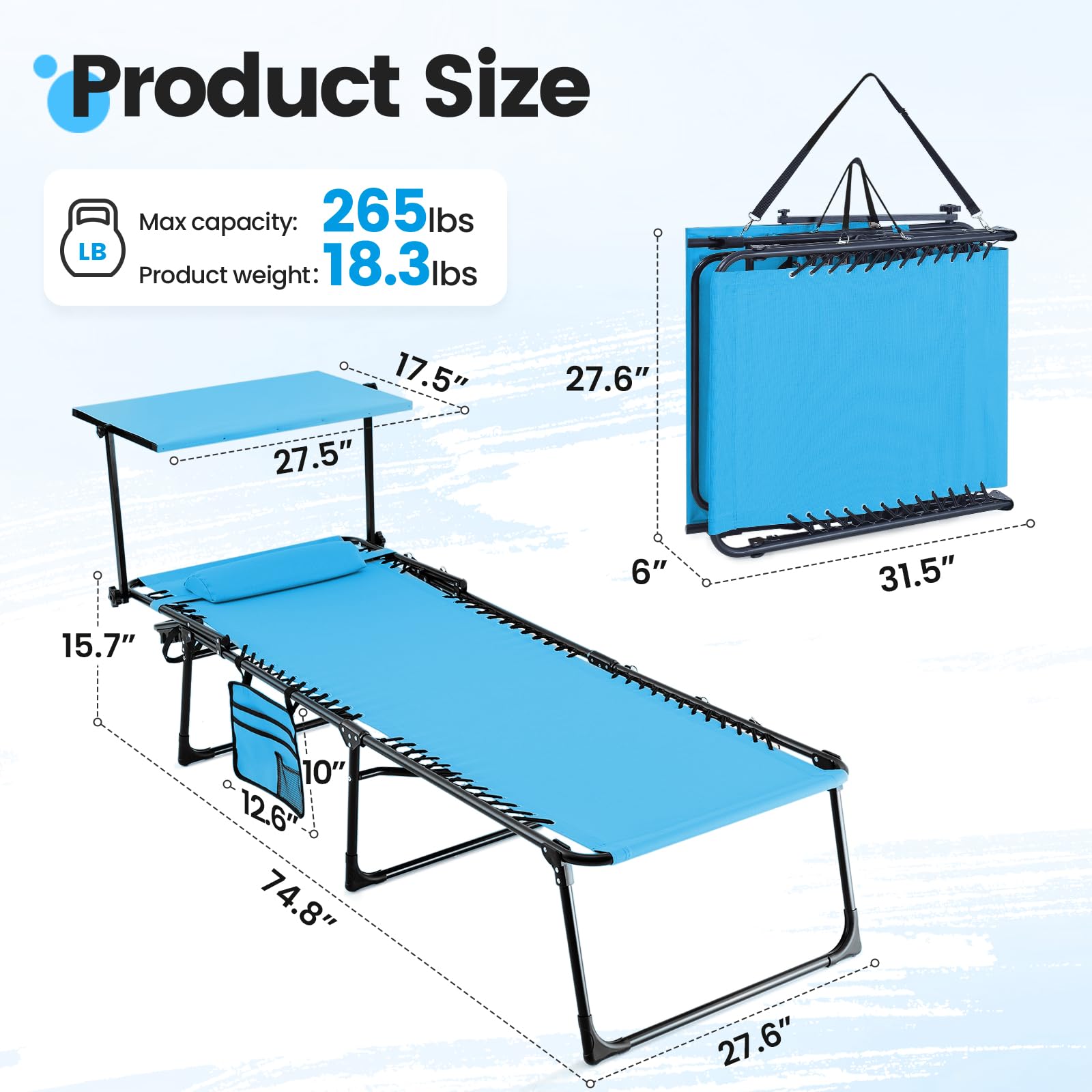 KING BIRD Beach Chaise with Sun Shade (350LBS) - Blue