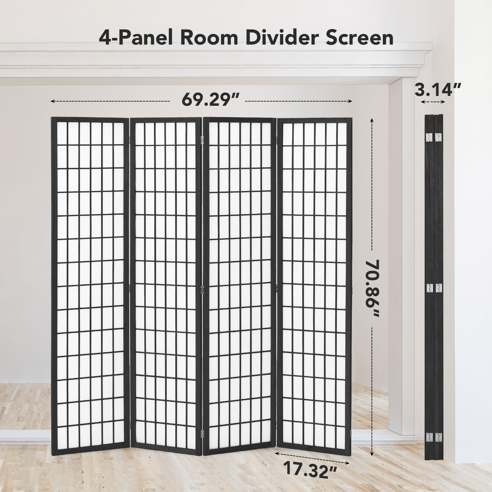 JOSTYLE Japanese Style Room Divider - Black (4-Panel)