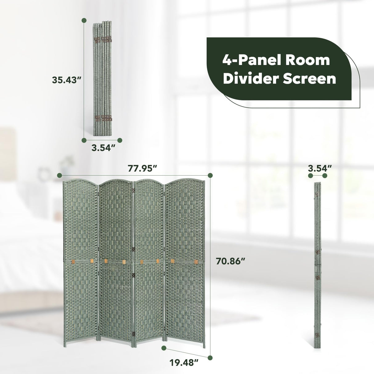 Features of the green room divider including metal connectors, rotatable stainless steel hinges, solid wood frame, and hand-crafted woven panels for durable and stylish privacy solutions.