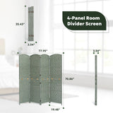 Features of the green room divider including metal connectors, rotatable stainless steel hinges, solid wood frame, and hand-crafted woven panels for durable and stylish privacy solutions.