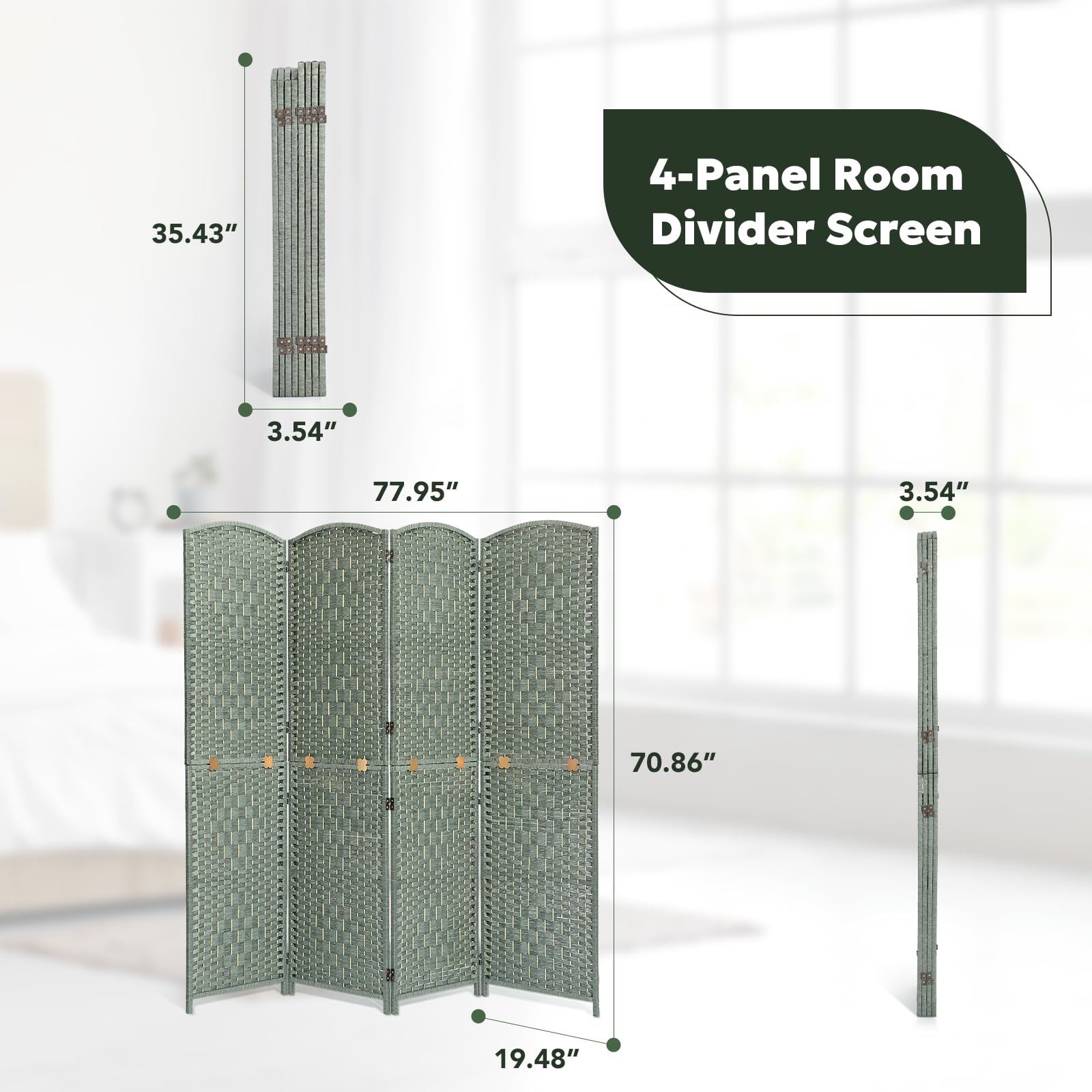 Features of the green room divider including metal connectors, rotatable stainless steel hinges, solid wood frame, and hand-crafted woven panels for durable and stylish privacy solutions.
