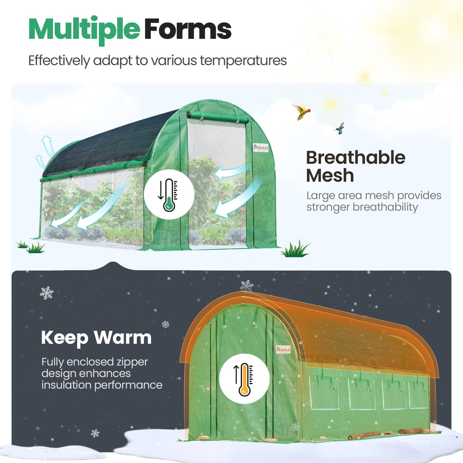 KING BIRD 15'x6.6'x6.6' Walk-in Greenhouse - Green