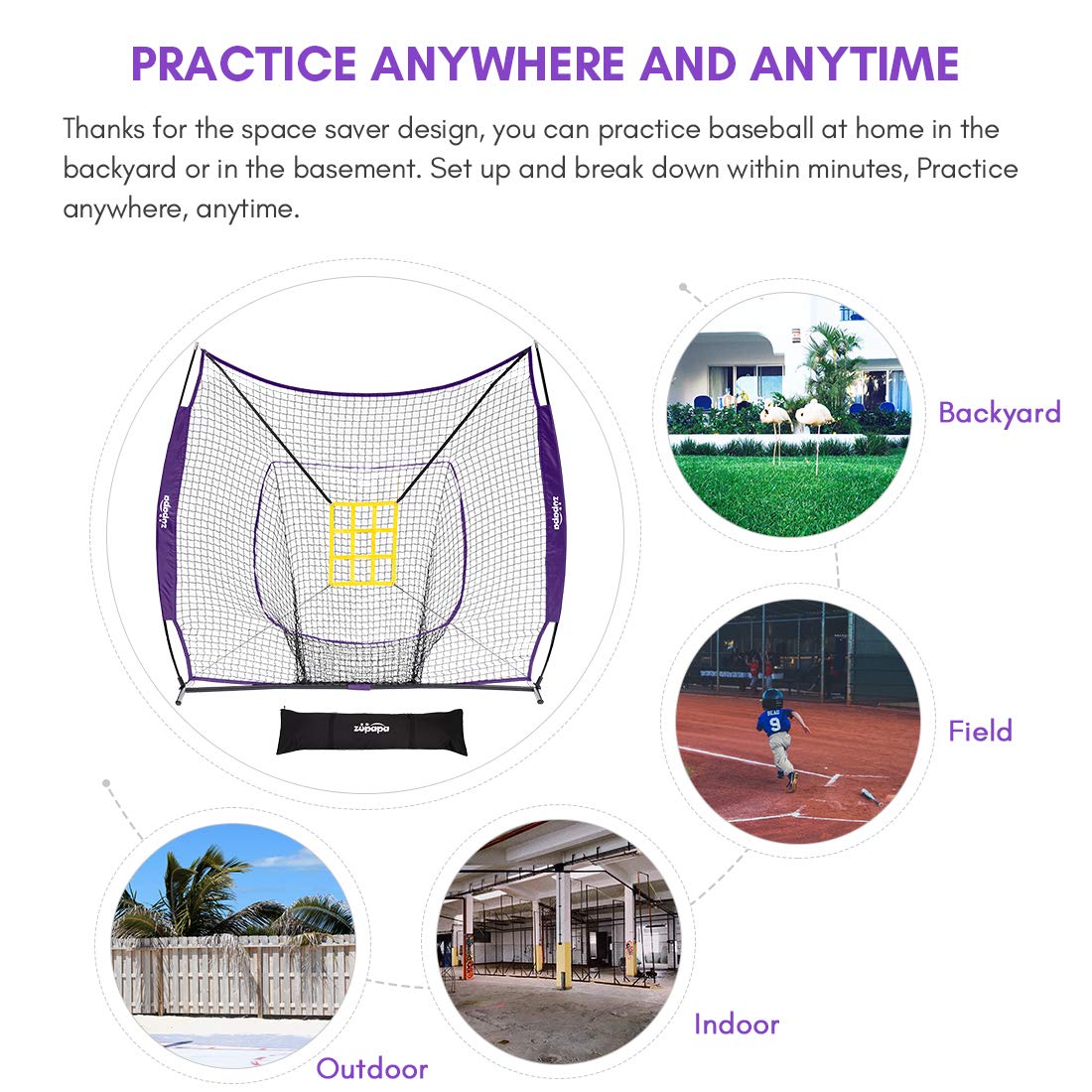 Zupapa 7'x7' Baseball Softball Net Tee Caddy Practice Combo- Purple