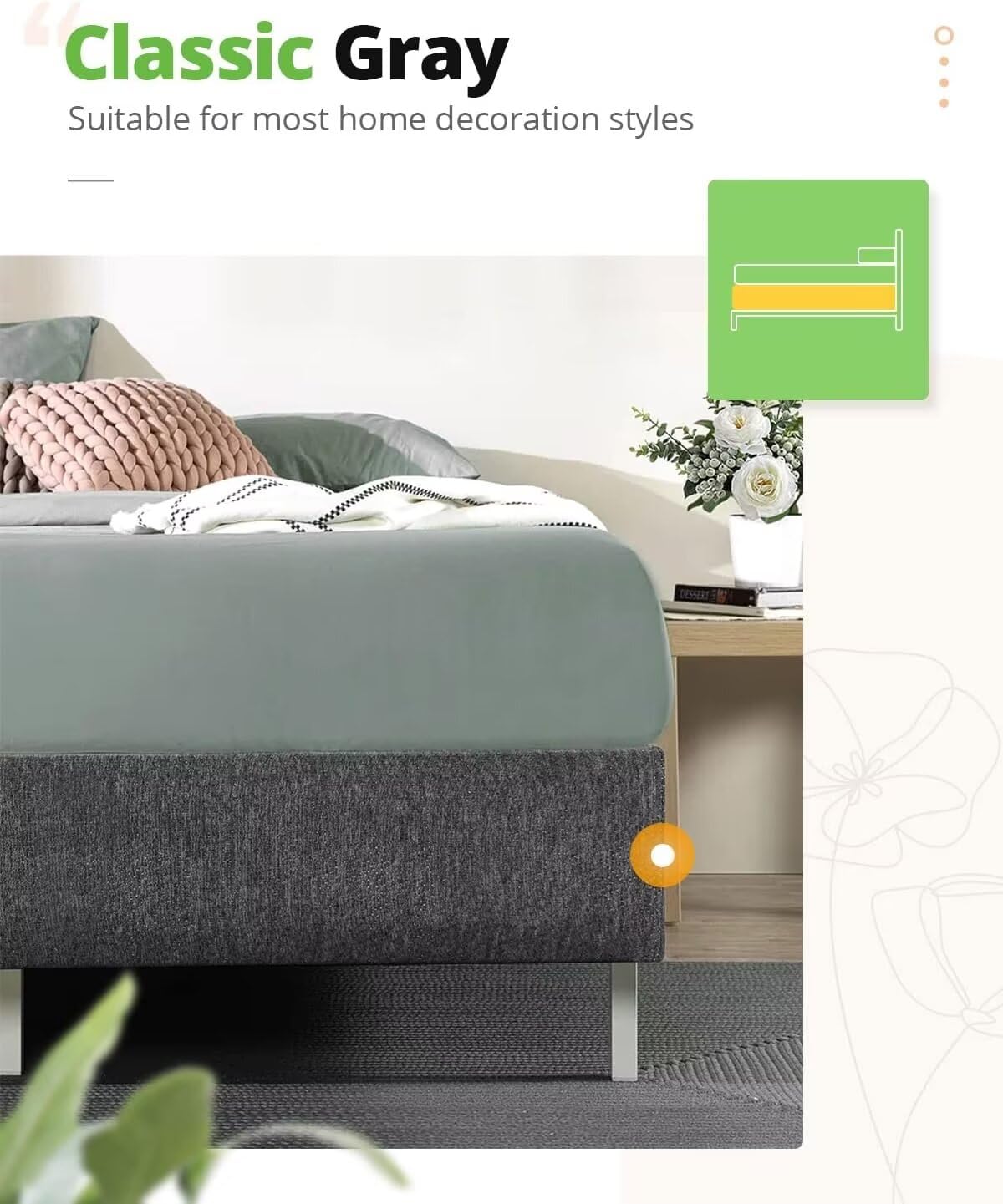 A sleek gray bed base blending seamlessly with modern home decor styles, offering a minimalist and functional aesthetic.