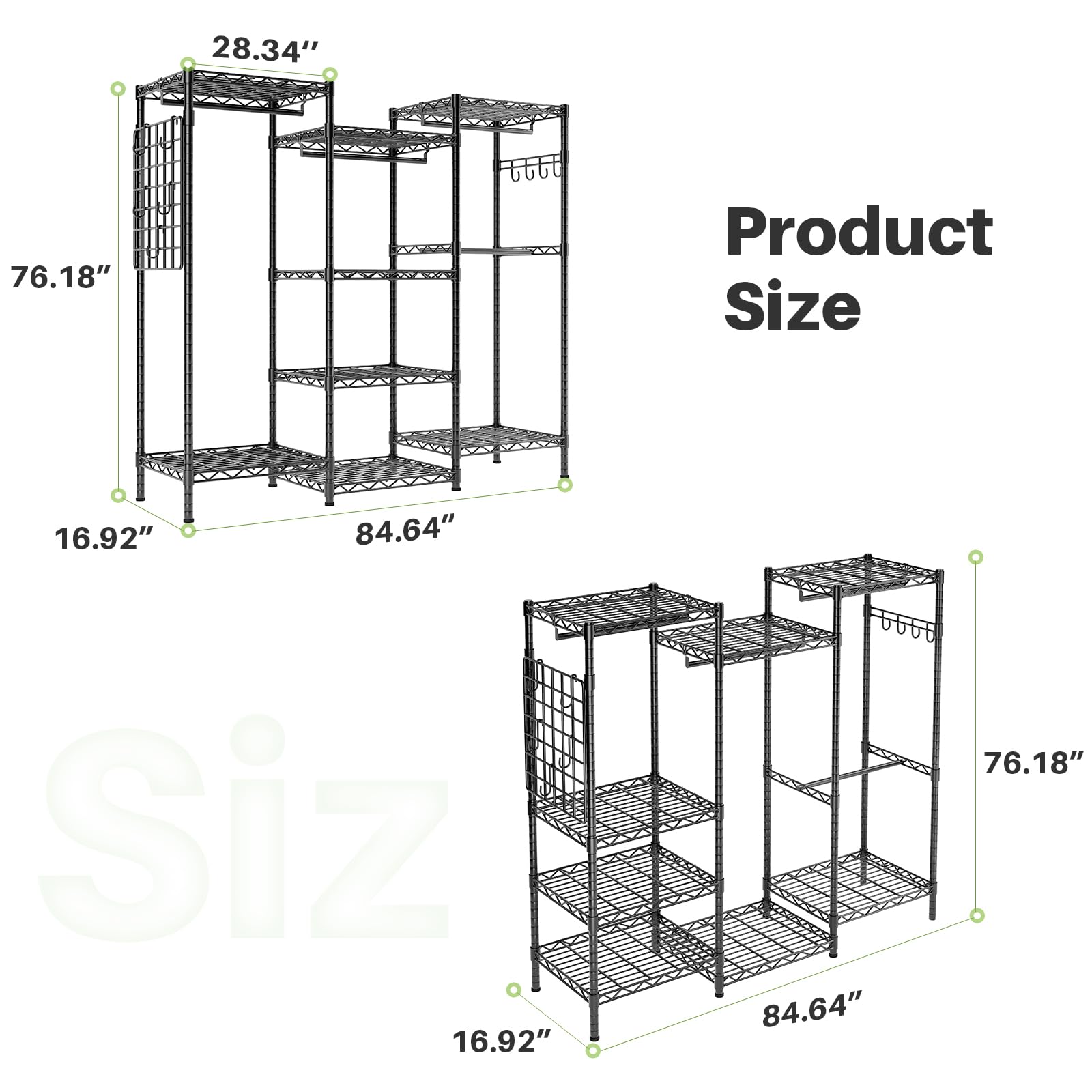 Product size diagram of the closet clothes rack, providing detailed dimensions to help buyers visualize how it fits into their space.