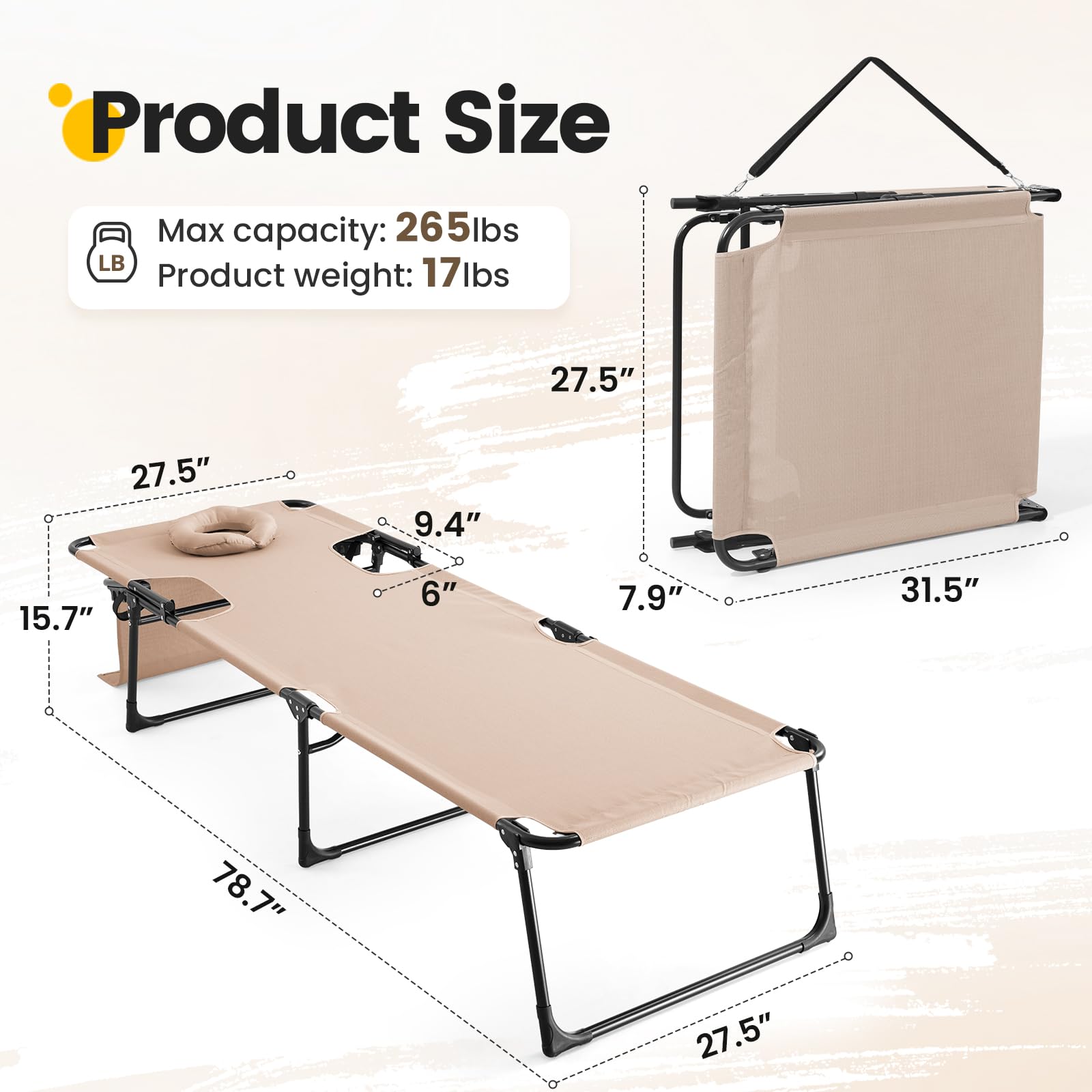 KING BIRD 5-Position Beach Chaise with Face Cradle (350LBS) - Beige