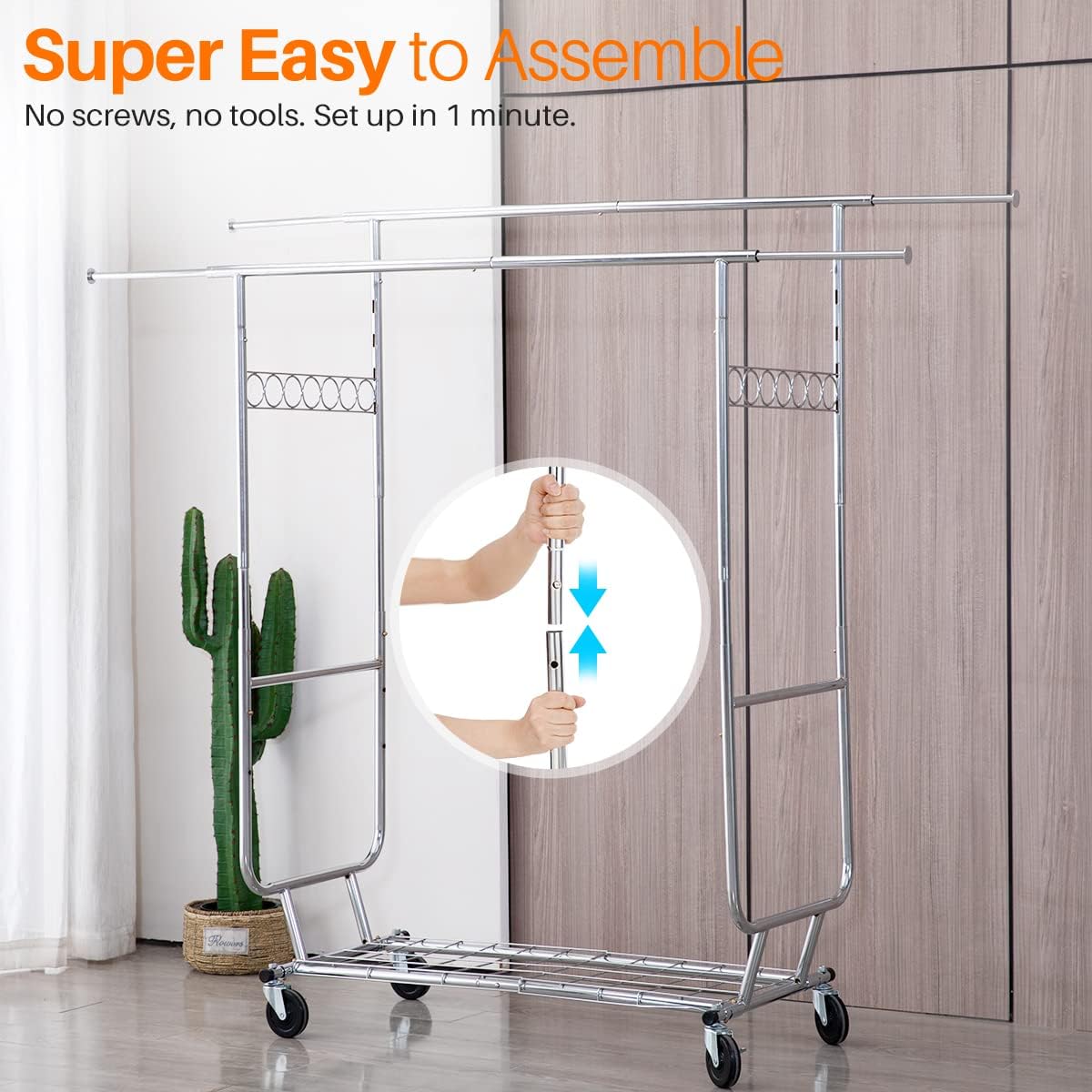 Quick assembly process shown, with no screws or tools required, allowing setup to be completed in under one minute.