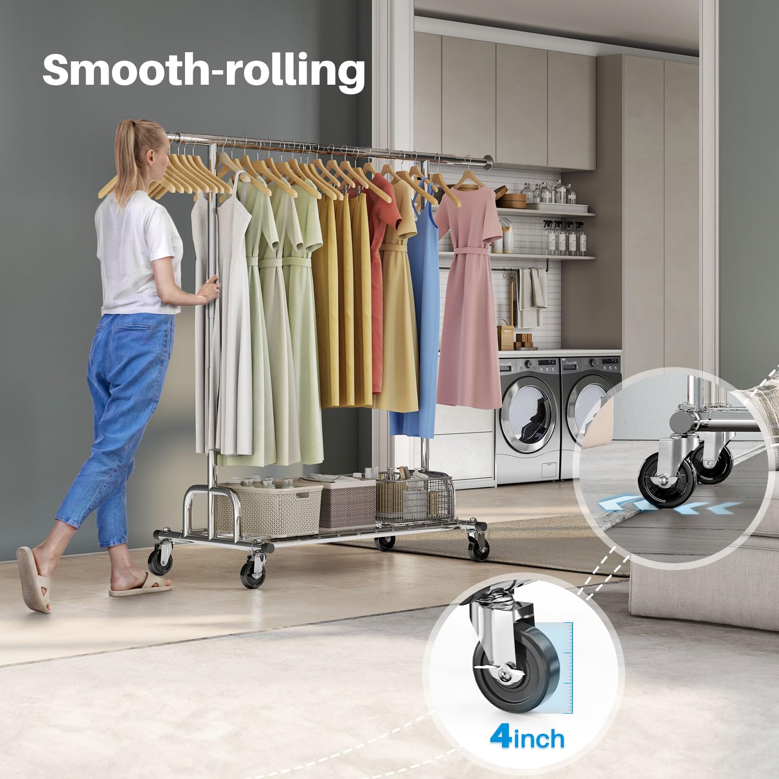 A woman easily rolling the rack, showcasing the smooth mobility provided by omnidirectional casters with lockable wheels for added stability.