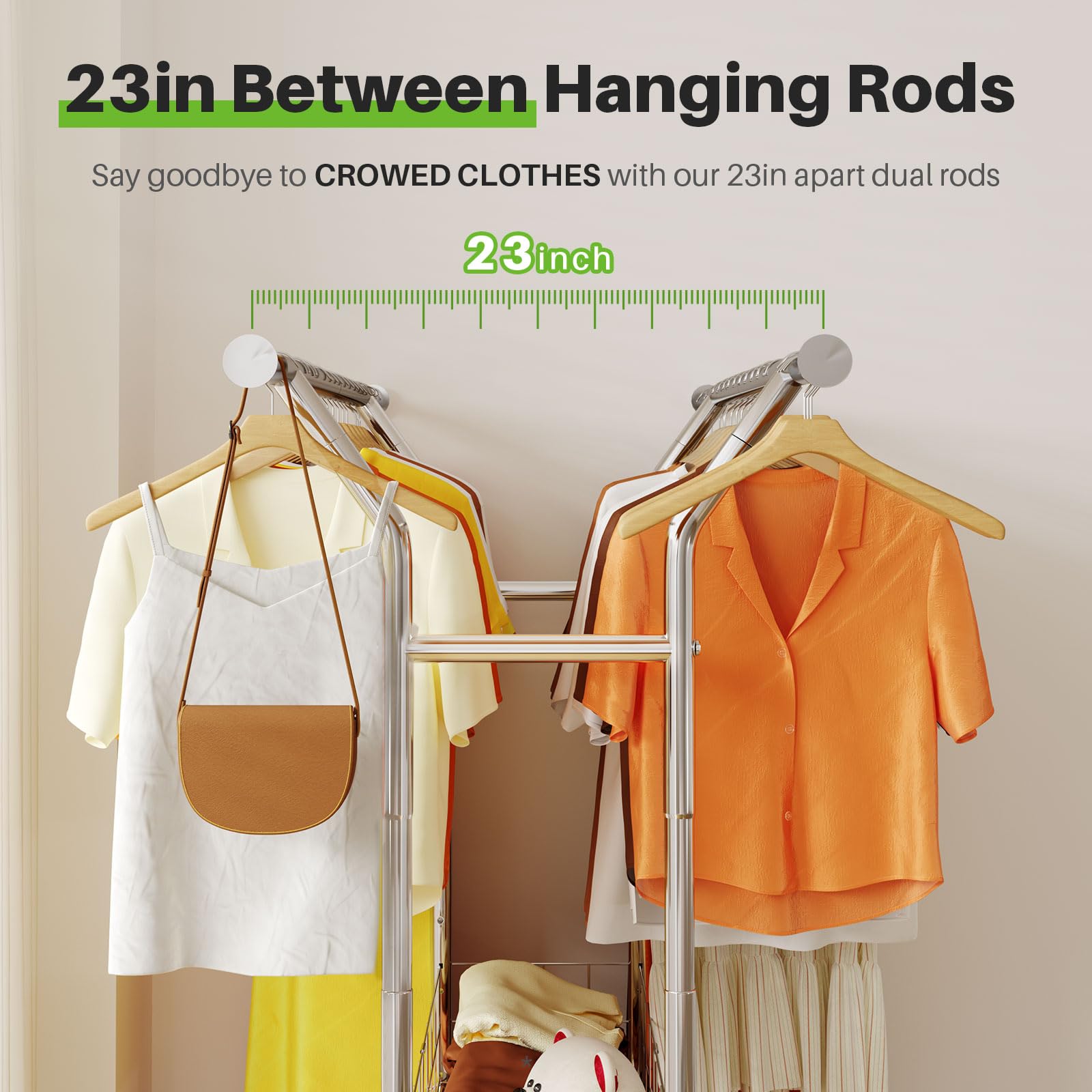 HOKEEPER Adjustable Rolling Garment Rack - Double Rod with Basket