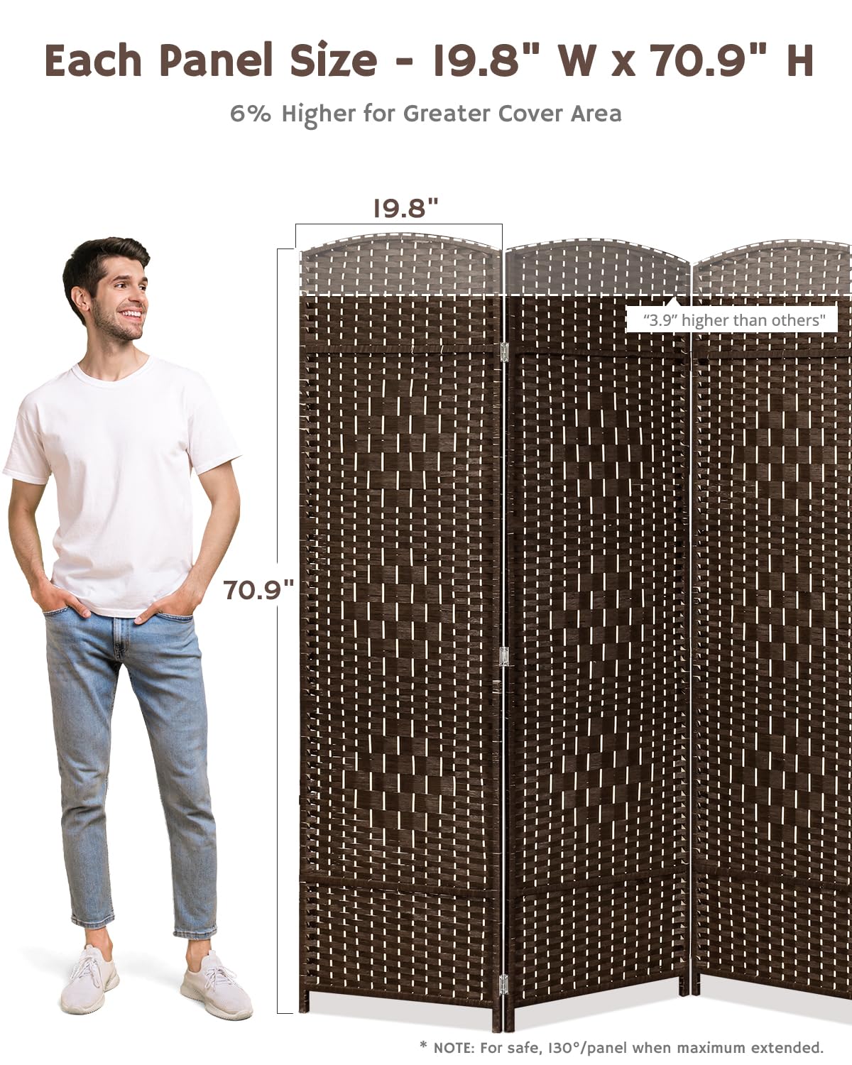 4-panel brown room divider with measurements provided, emphasizing its height of 70.9 inches and width of 19.8 inches per panel, suitable for greater coverage.
