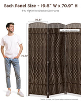 4-panel brown room divider with measurements provided, emphasizing its height of 70.9 inches and width of 19.8 inches per panel, suitable for greater coverage.