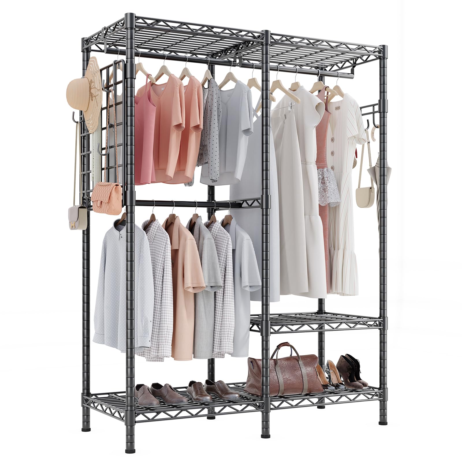 Double rack system with wide shelves and hanging rods, offering ample space for garments and storage bins.