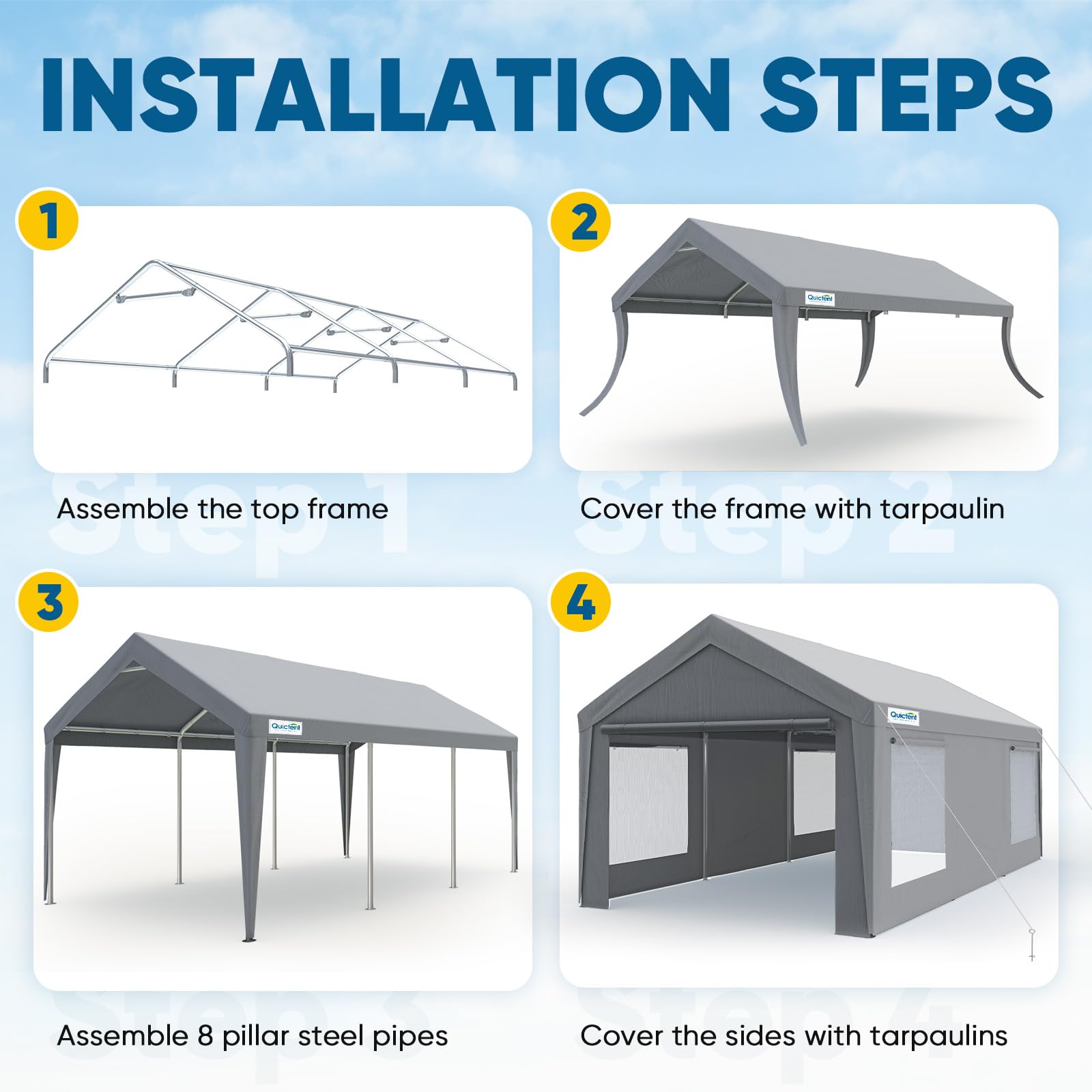 Quictent 12'x20' Heavy Duty Carport with Ventilated Windows - Gray
