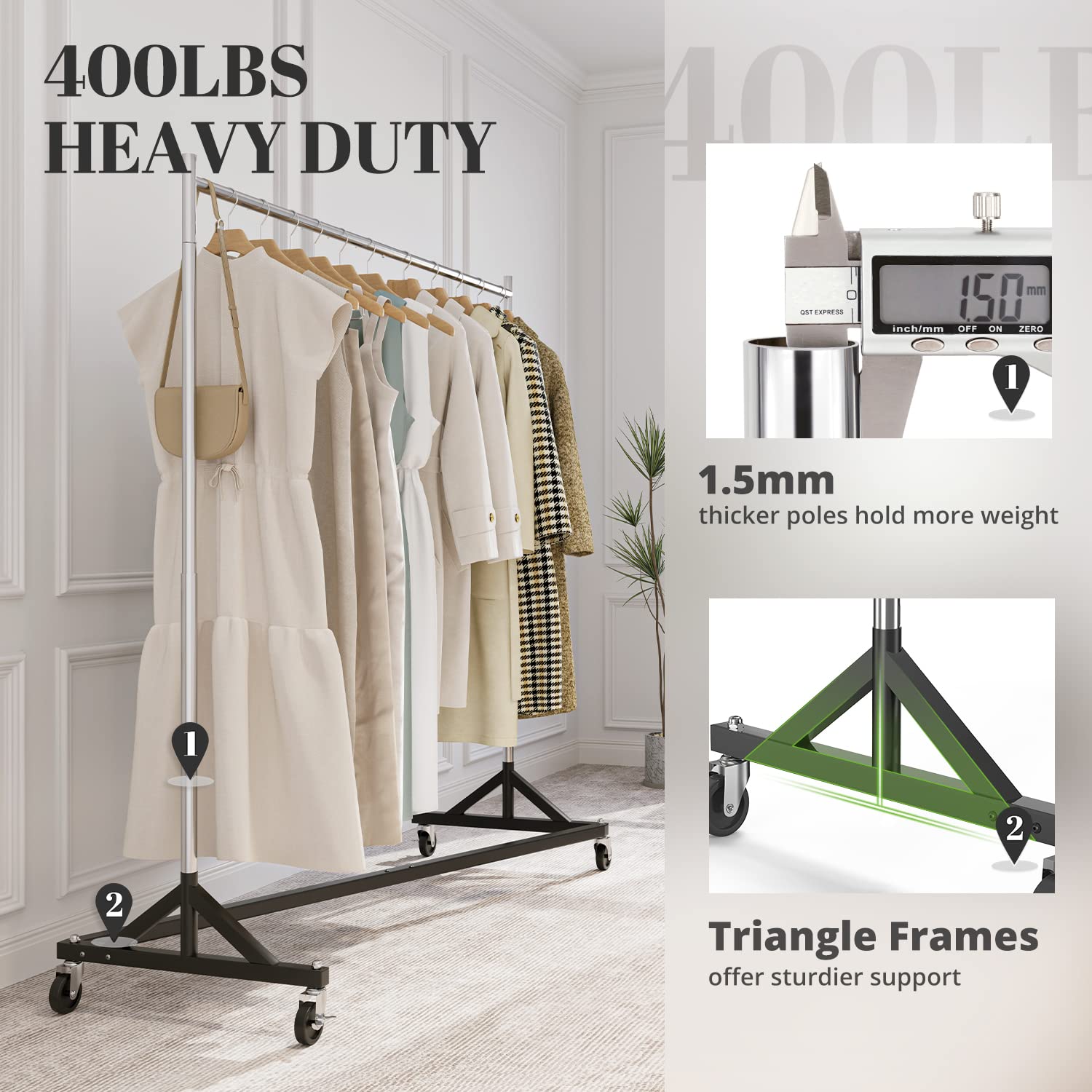 Sturdy and functional Z Base Clothes Rack with dimensions 63" L x 24" W, featuring omnidirectional lockable wheels for smooth movement and triangle frames for enhanced support.
