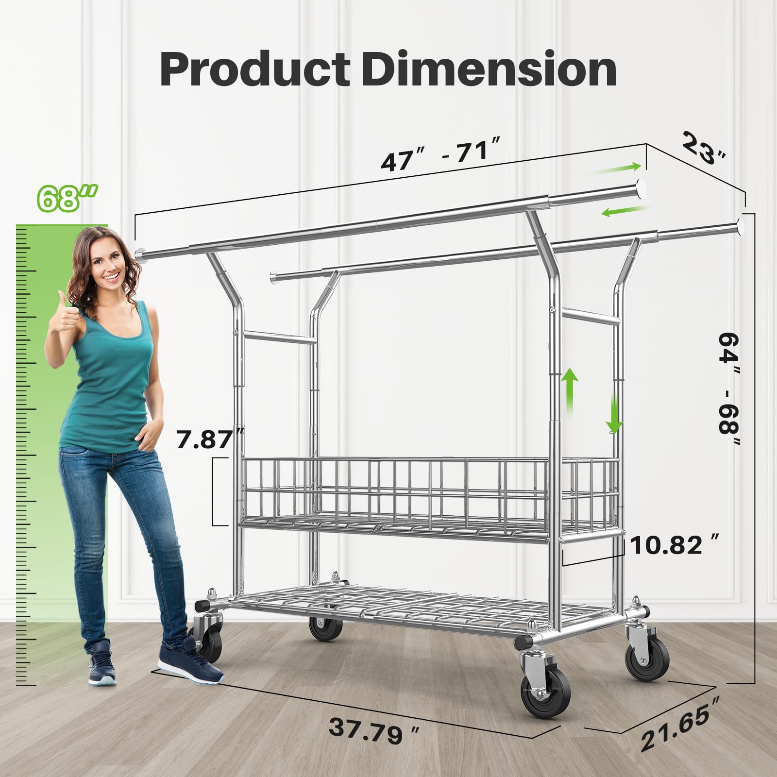 HOKEEPER Adjustable Rolling Garment Rack - Double Rod with Basket