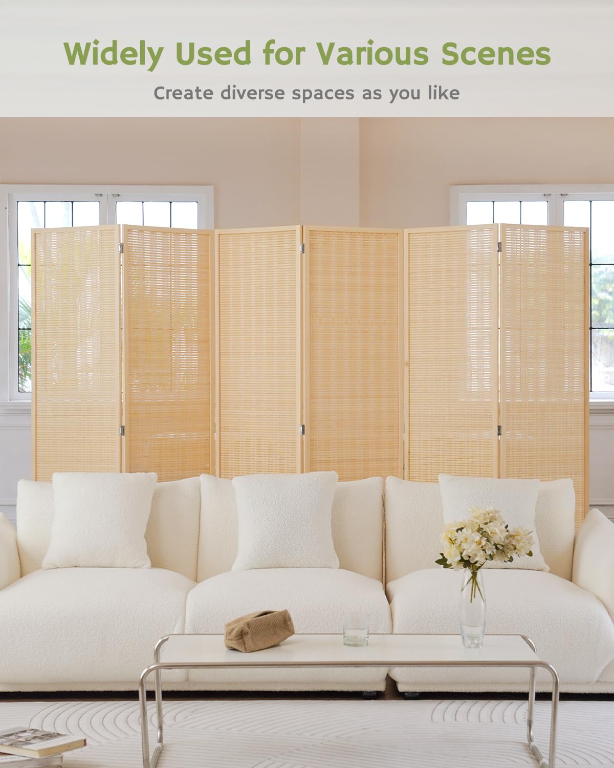 Beige 6-panel room divider behind a cozy white sofa, highlighted by the text 'Widely Used for Various Scenes,' showcasing its versatility for creating private spaces.