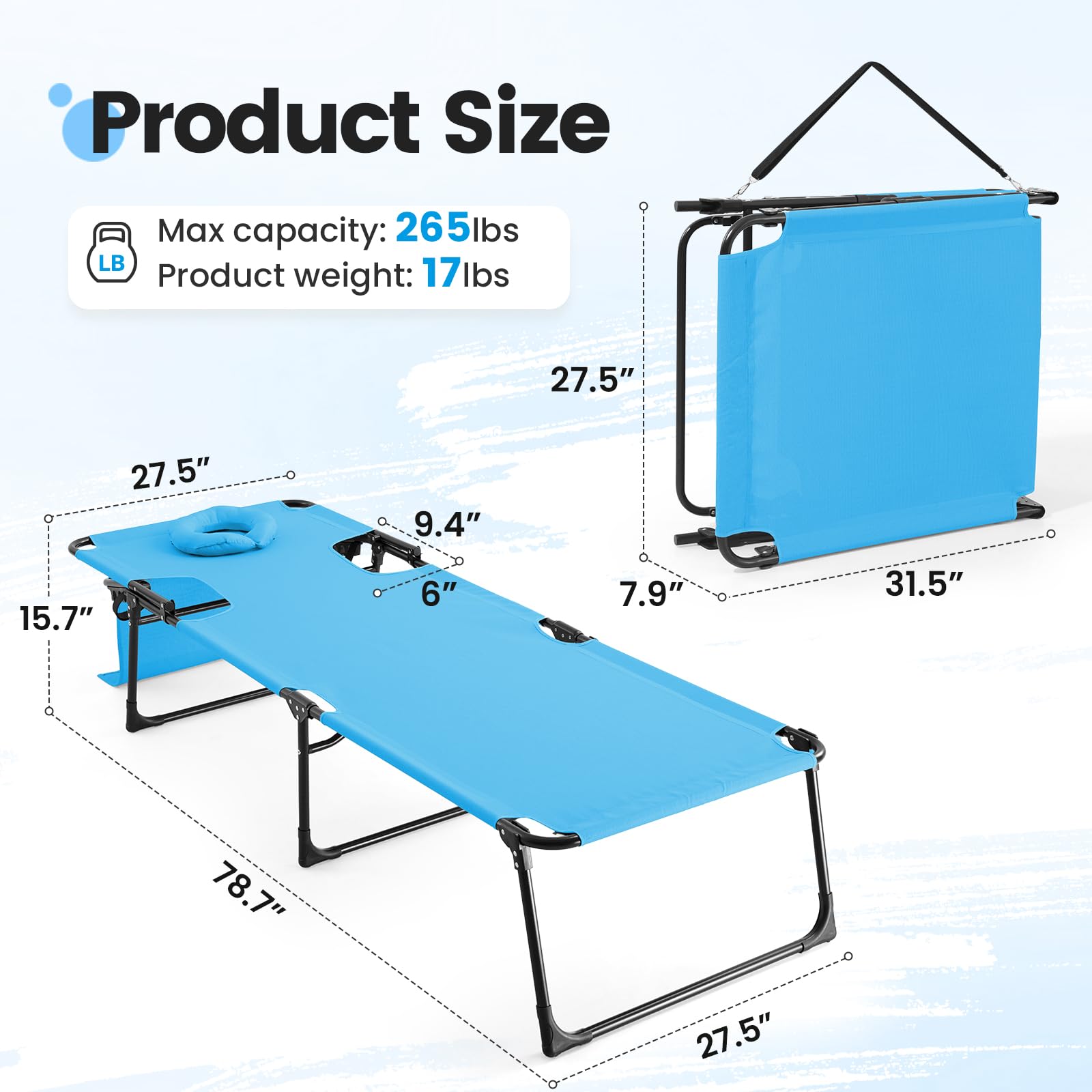 KING BIRD 5-Position Beach Chaise with Face Cradle (350LBS) - Blue