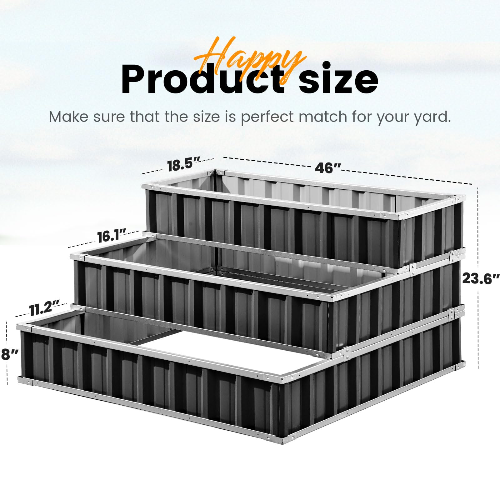 KING BIRD 46"x46"x23.6" 3-Tier Garden Bed - Dark Grey