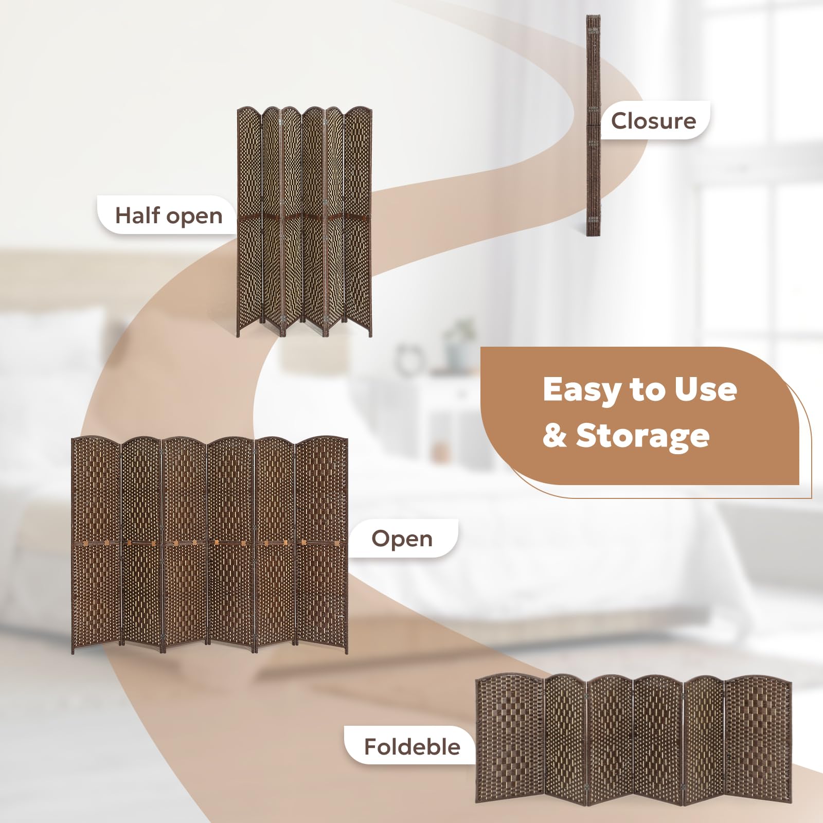Graphic showing the room divider's foldable design with open, half-open, and closed positions, emphasizing its easy-to-use and space-saving features.