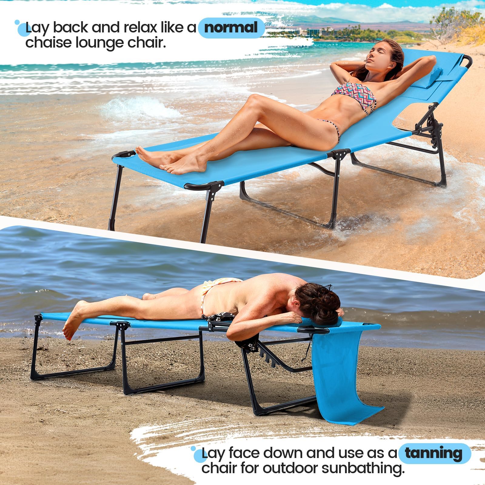 KING BIRD 5-Position Beach Chaise with Face Cradle (350LBS) - Blue