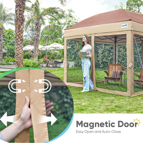 Quictent 6.6'x6.6' Magnetic Door Screened Pop up Canopy - Khaki