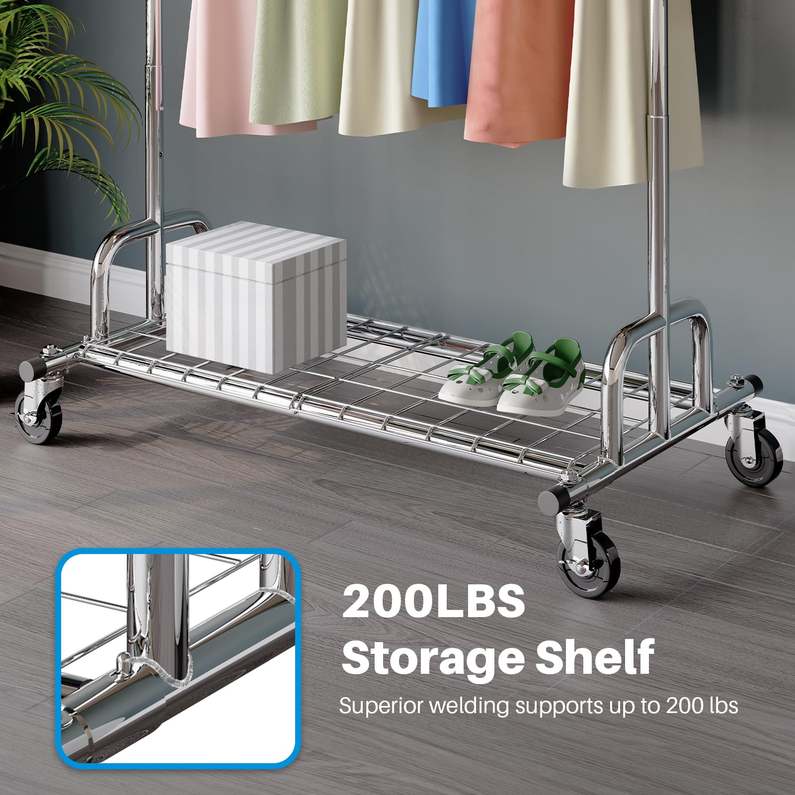 Close-up view of the detachable bottom shelves, showcasing a 200lbs capacity and storage space for items like shoes and boxes.