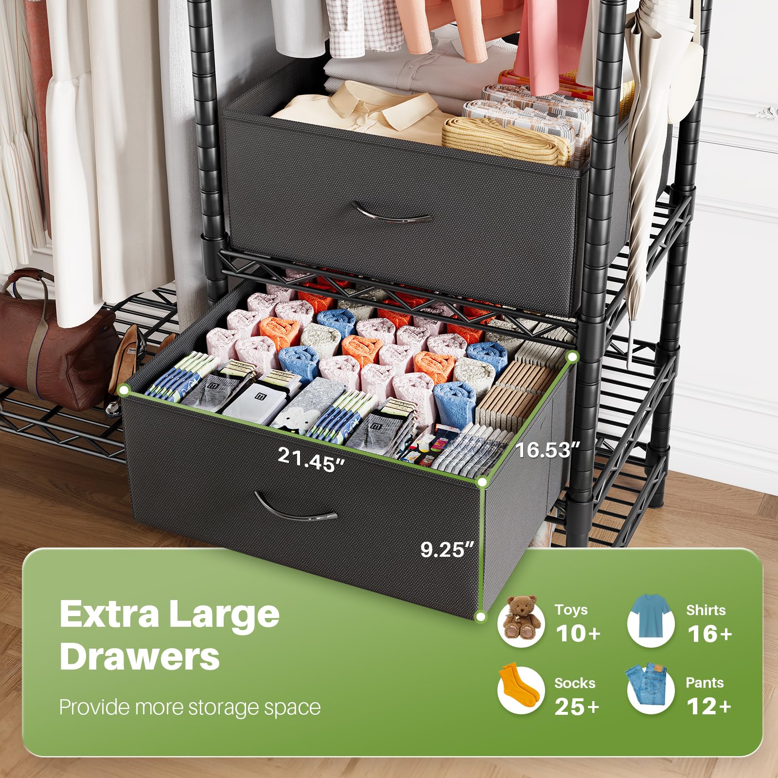 Extra-large fabric drawers with labeled compartments for socks, ties, underwear, and other small items, providing additional storage space.